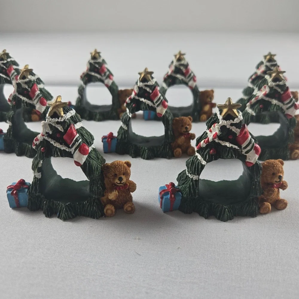 Vintage Christmas Tree Teddy Bear Napkin Rings Set of 8 Holiday Table Decor